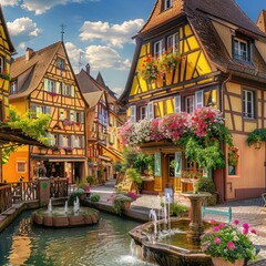Colorful halftimbered houses in the city of Colmar, France with flower shop and fountain on sunny...