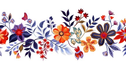 Floral embroidery. Seamless horizontal border with colorful flowers and leaves on white background. Beautiful print for fabric and textile.

