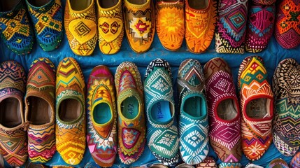 Colorful traditional Moroccan slippers in the market, top view, high resolution photography