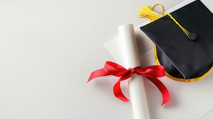 Black and yellow graduation cap with red ribbon next to white diploma on empty white background, top view. Space for text. High quality.