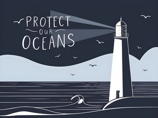 A minimalist and elegant illustration for World Ocean Day. The main focus is a sleek, white lighthouse standing tall by the sea