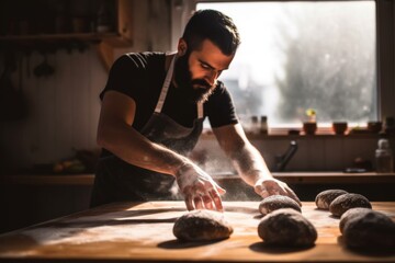 man preparing black burger buns in kitchen