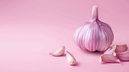 Garlic, a photorealistic illustration against pastel pink background with copy space for text or logo, beautifully illuminated by studio lighting