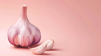 Garlic, a photorealistic illustration against pastel pink background with copy space for text or logo, beautifully illuminated by studio lighting