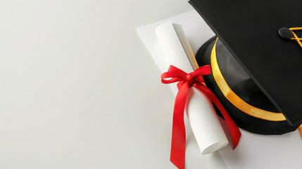 Black and yellow graduation cap with red ribbon next to white diploma on empty white background, top view. Space for text. High quality.