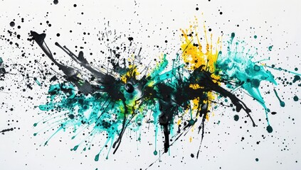 Black ink splatter, teal and yellow color on white background