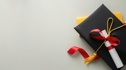 GGT on a white background, a black and yellow graduation cap with a red ribbon next to a diploma, a top view, copy space concept for education or college celebration and party, minimalism.