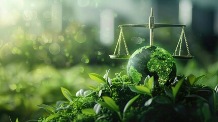 Green planet earth on the table with scale of justice and green icons for environment protection, sustainability business law concept. . double exposure effect