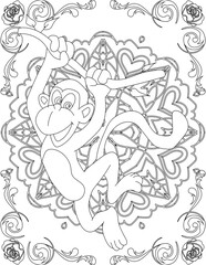 Monkey on Mandala Coloring Page. Printable Coloring Worksheet for Adults and Kids. Educational Resources for School and Preschool. Mandala Coloring for Adults