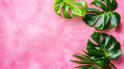 Tropical background, monstera leaves, copy space, banner style
