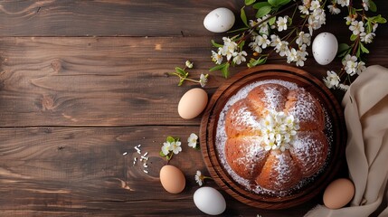 Rustic Easter cake on table with eggs, healthy meal.