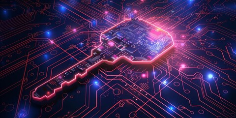 Obraz premium Digital key with circuit board lines, secure network, PNG style, Bright colors