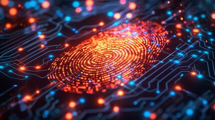 Digital fingerprint scan with circuit lines, identity protection, PNG style, Bright colors