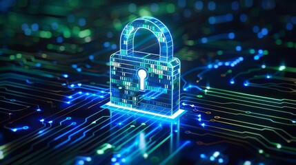 Abstract lock icon with binary code, network security, PNG style, High contrast, Blue and green