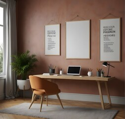 Frame white board, ISO A paper size. Home Office wall poster mockup. Interior mockup with office background. Modern interior design. 3D 
