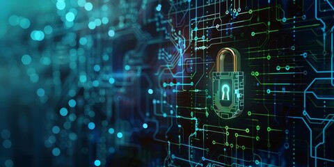 Fototapeta premium Abstract lock with circuit lines, network security, PNG style, High contrast, Blue and green