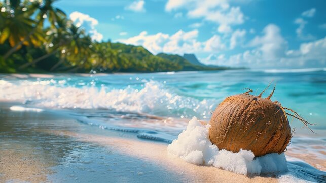 Capture the joy of cracking open a fresh coconut on a secluded beach