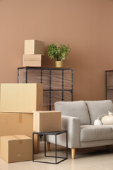 Cardboard boxes and furniture prepared for house moving in living room