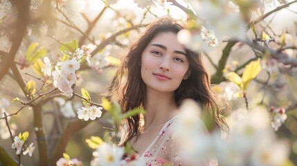 Fototapeta premium Beautiful young woman in spring blooming garden. Springtime.