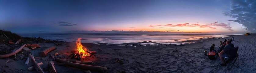 Obraz premium Beachside Bonfires Showcase the camaraderie and relaxation of beachside camping with images of bonfires on sandy shores Photograph campers gathering driftwood, building bonfires, and roasting marshmal