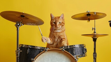 The cat plays the drums on a yellow background.