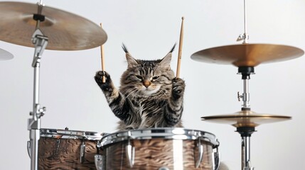 The cat plays the drums on a white background.