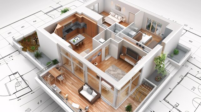 House model on a construction plan. Real estate concept. 3d rendering.