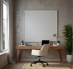 Frame white board, ISO A paper size. Home Office wall poster mockup. Interior mockup with office background. Modern interior design. 3D 
