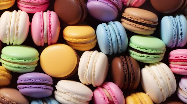 Close-up of multi-colored macaroons. Tasty traditional dessert. 4K HD video footage background tile. Tempting food. 