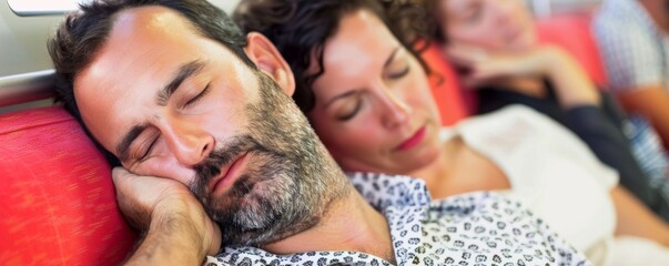 Group of people taking a nap on a red bench, resting with their eyes closed. Casual setting indicating relaxation and comfort in public space.