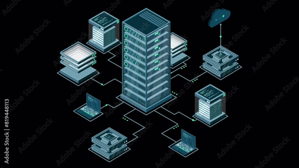 Fototapete isometric computer technology animation. computation of big data center. cloud computing. online dev