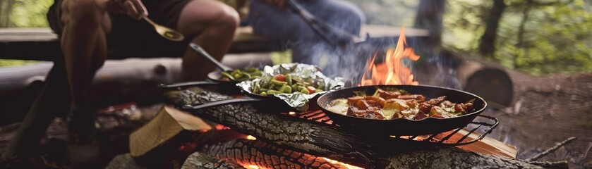 Campsite Cooking Photograph campers preparing meals over a campfire or portable stove, with castiron skillets sizzling with breakfast, foil packets roasting with vegetables, and the aroma of outdoor c