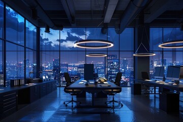 Modern office interior with panoramic windows and city view, computer work tables in the center of...