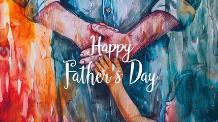 A warm, watercolor-inspired painting of a father and child's hands embracing, with the text "Happy Father's Day" in a calligraphic style