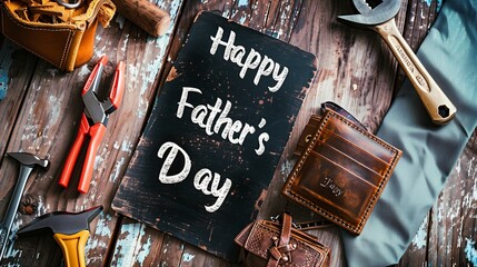 Flat lay Father's Day theme with construction tools, a leather wallet, and a tie on a rustic wooden surface, black chalkboard with "Happy Father's Day" text in the center.
