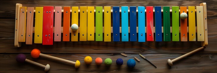 Vibrant colored classic wooden xylophone from top-down perspective with variety of mallets and sheet of music notes
