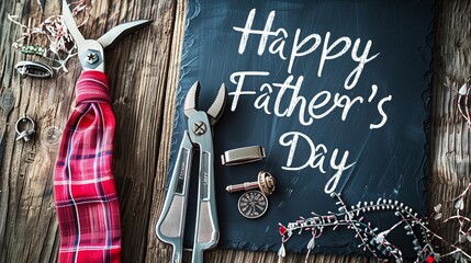 Happy Father's Day layout with pliers, a tie clip, and cufflinks on a wooden background, black chalkboard with "Happy Father's Day" text prominently displayed.