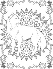 Wolf on Mandala Coloring Page. Printable Coloring Worksheet for Adults and Kids. Educational Resources for School and Preschool. Mandala Coloring for Adults