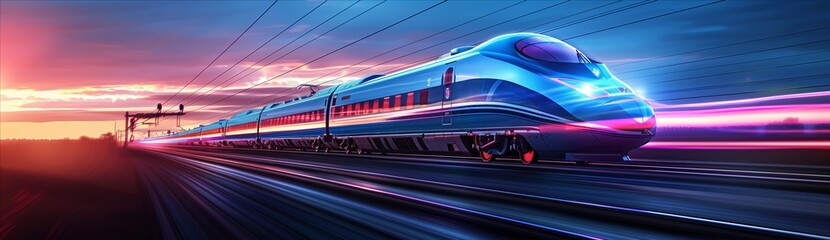 Fototapeta premium Futuristic High-Speed Train Blazes Through Twilight Landscape