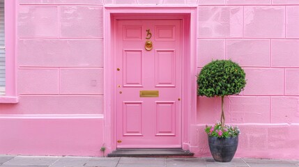 Photo of A pink door with gold hardware and potted topiary in front, London style. Web banner with...