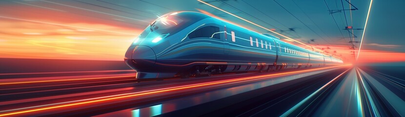 Fototapeta premium Futuristic High-Speed Train Powers Through at Dusk