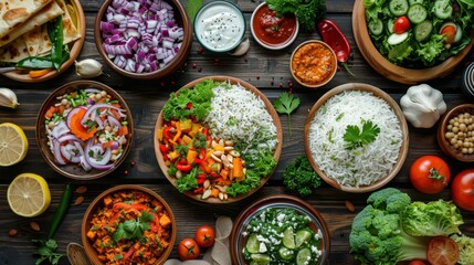 Fototapeta premium Rustic Kitchen Table with Biryani, Raita, and Salad 
