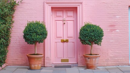 Photo of A pink door with gold hardware and potted topiary in front, London style. Web banner with copyspace on the right