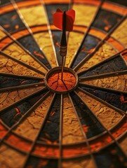Dart in the middle of a bullseye reaching the target with good aim , success concept image with copy space