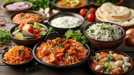 Fototapeta premium Rustic Kitchen Table with Biryani, Raita, and Salad