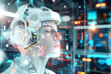 Human with futuristic headset in digital cyberspace, exploring virtual reality and advanced technology in a high-tech environment.