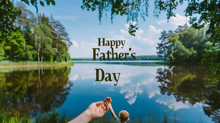 "Happy Father's Day" text in the center with a human hand holding a child's hand, with a background of a calm lake surrounded by trees.