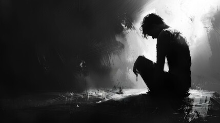 Obraz premium A solitary figure sits in a dark, abstract artwork, surrounded by expressive brushstrokes and intense contrasts of light and shadow. 