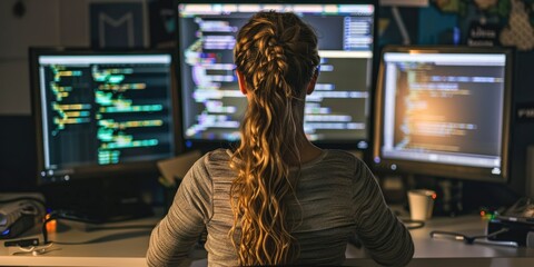 A woman sits in front of three computer monitors, coding. AIG51A.