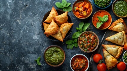Bustling Street Food Background with Samosas, Chutneys, and Mint Leaves

